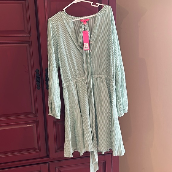 Lilly Pulitzer Mini Dress 16 Carla Striped Green White Seersucker Long Sleeves - Picture 3 of 3